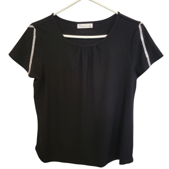 89th + Madison Black Polyester Shirt With Rhinestone Trim On Cap Sleeves  Small - Picture 4 of 8